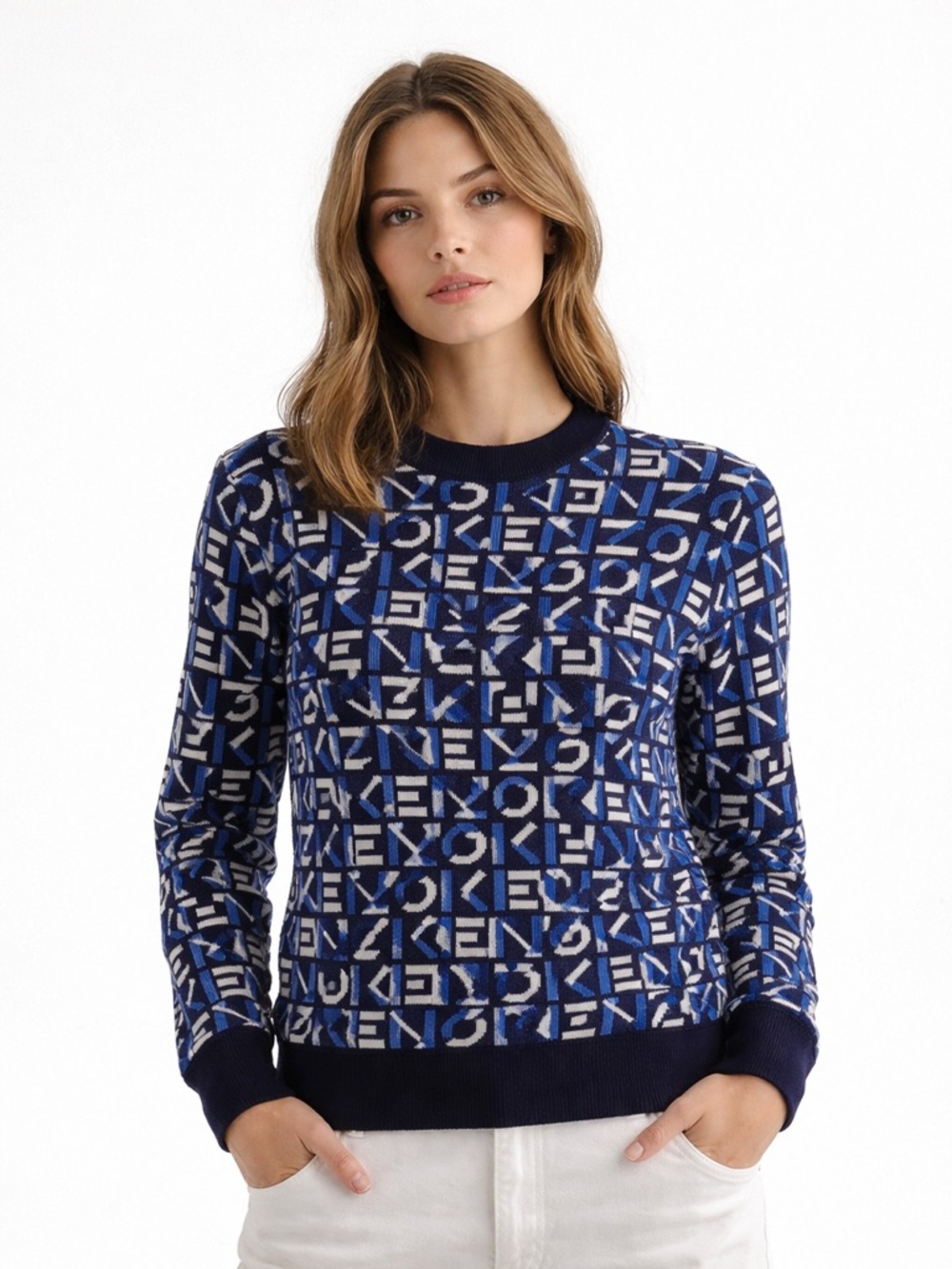 Kenzo Navy, Royal Blue & White Logo Knit Sweatshirt